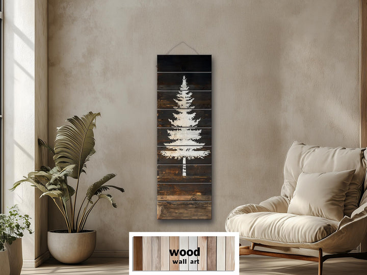 White Fir Tree Painted On Dark Brown Wood Real Wood Vertical Narrow Wall Art