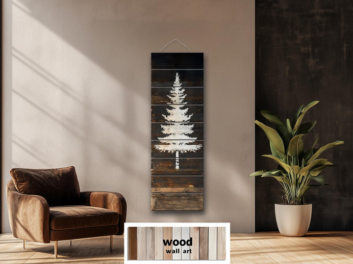 White Fir Tree Painted On Dark Brown Wood Real Wood Vertical Narrow Wall Art