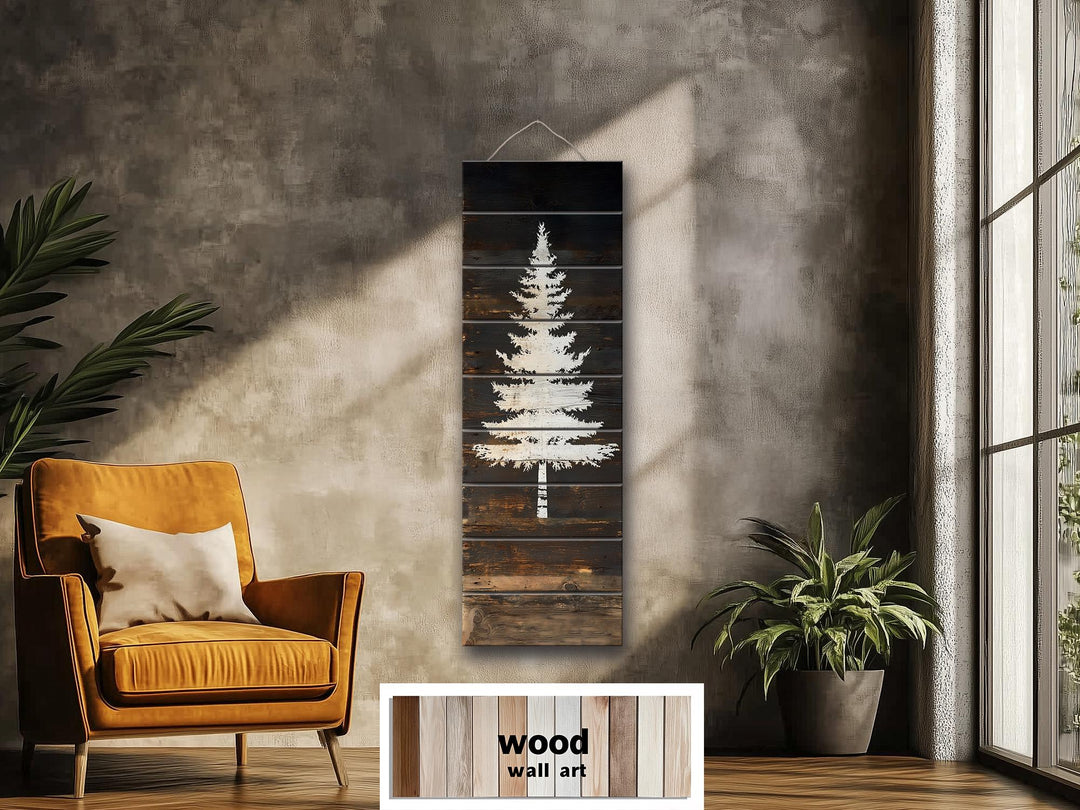 White Fir Tree Painted On Dark Brown Wood Real Wood Vertical Narrow Wall Art