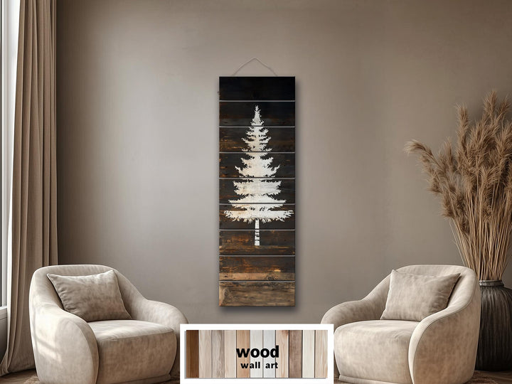 White Fir Tree Painted On Dark Brown Wood Real Wood Vertical Narrow Wall Art
