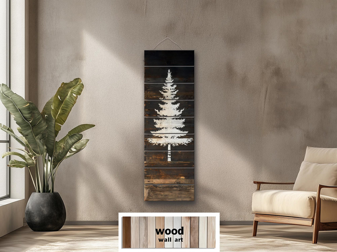 White Fir Tree Painted On Dark Brown Wood Real Wood Vertical Narrow Wall Art