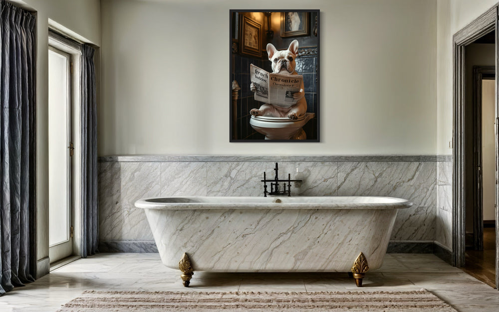 White French Bulldog On The Toilet Reading Newspaper Picture