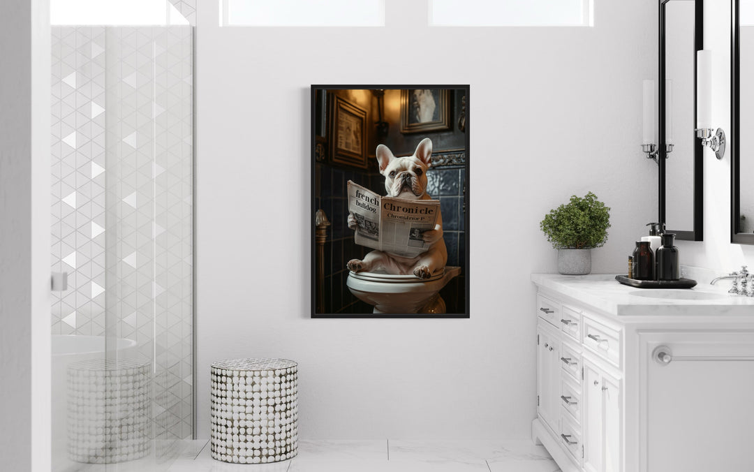 White French Bulldog On The Toilet Reading Newspaper Picture