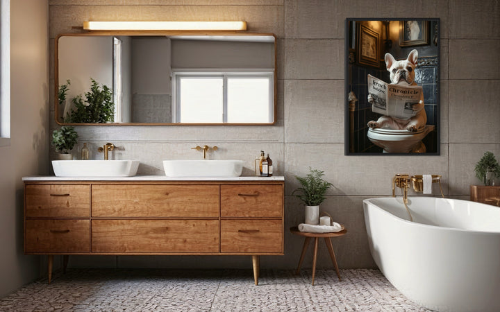 White French Bulldog On The Toilet Reading Newspaper Picture