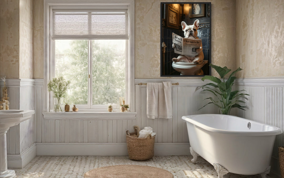 White French Bulldog On The Toilet Reading Newspaper Picture