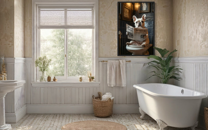 White French Bulldog On The Toilet Reading Newspaper Picture