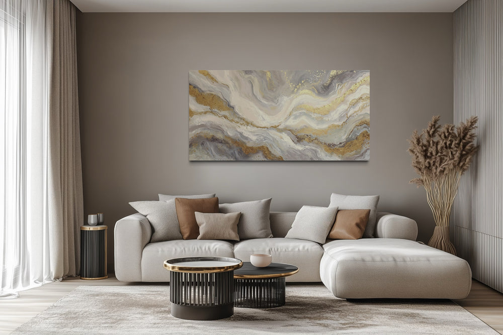 White Gold Elegant Abstract Painting Living Room Wall Decor