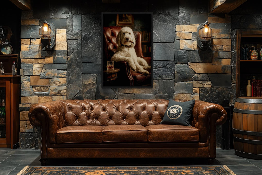 White Goldendoodle Dog Drinking Whiskey and Smoking Cigar Canvas Wall Art