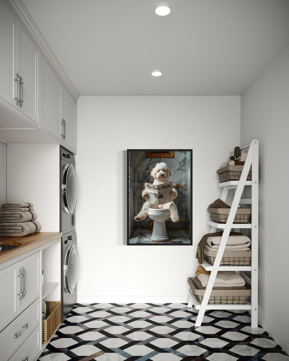 White Goldendoodle Dog On The Toilet Reading Newspaper Picture