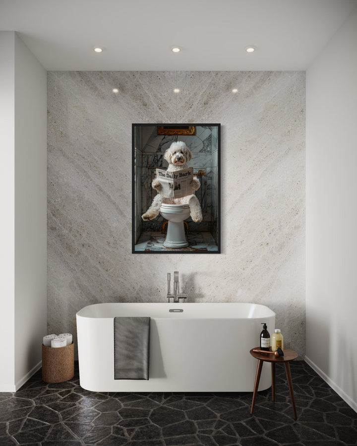 White Goldendoodle Dog On The Toilet Reading Newspaper Picture
