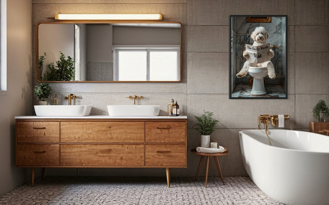 White Goldendoodle Dog On The Toilet Reading Newspaper Picture
