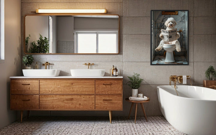White Goldendoodle Dog On The Toilet Reading Newspaper Picture