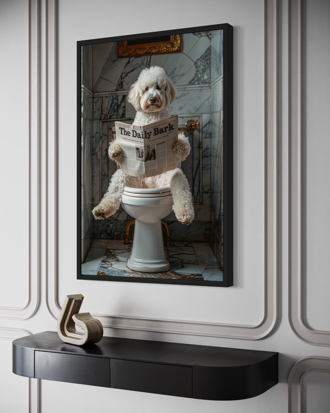 White Goldendoodle Dog On The Toilet Reading Newspaper Picture