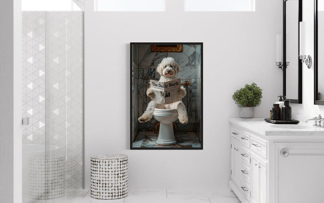 White Goldendoodle Dog On The Toilet Reading Newspaper Picture
