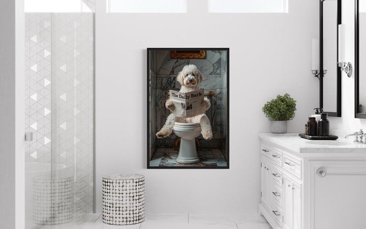 White Goldendoodle Dog On The Toilet Reading Newspaper Picture