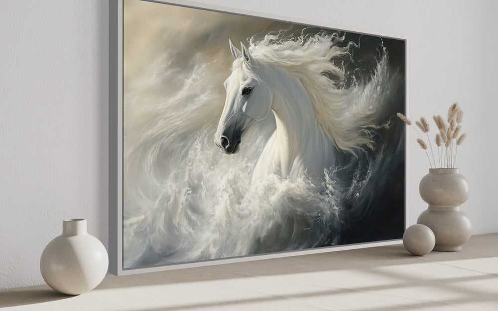 White Horse Abstract In Ocean Waves Framed Canvas Wall Art