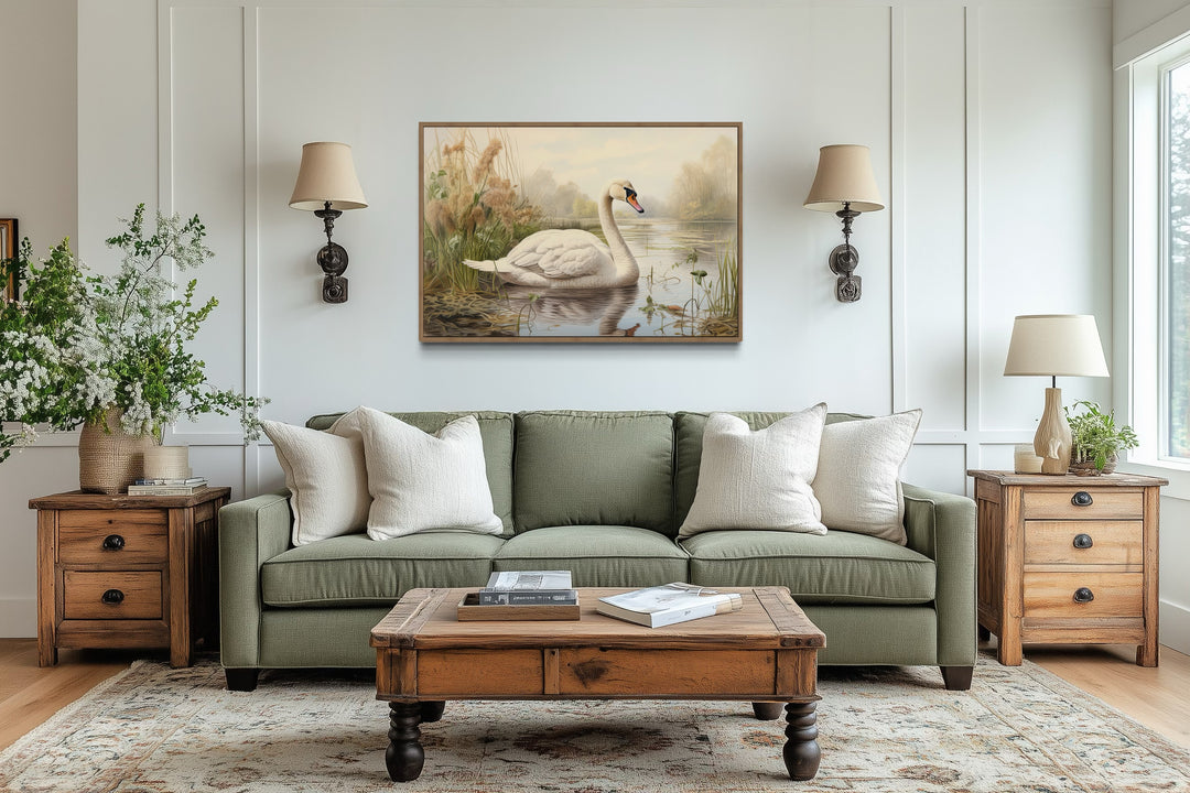 White Swan In The Lake Vintage Style Framed Canvas Wall Art
