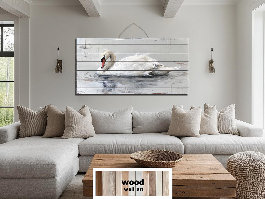 White Swan On Water Distressed Wood Wall Art