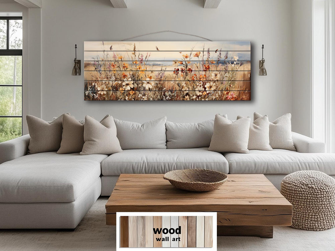 Wildflower Field Wall Art - Distressed Painting Print On for Cottagecore Farmhouse Decor