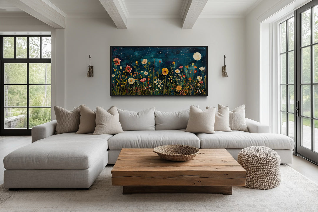 Wildflowers Field At Night Under Moon Large Horizontal Wall Art