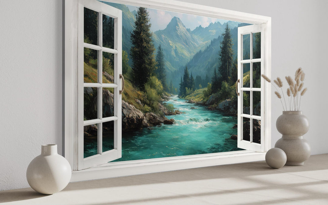 Window View Canvas - Turquoise River And Green Mountains Nature Landscape