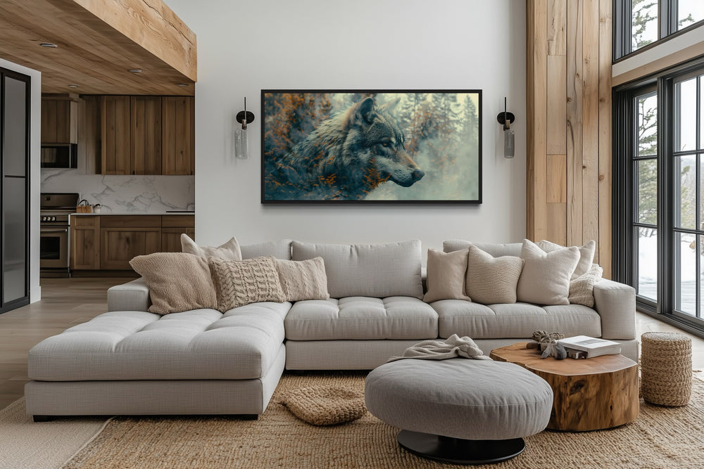Wolf And Forest Double Exposure Framed Canvas Wall Art