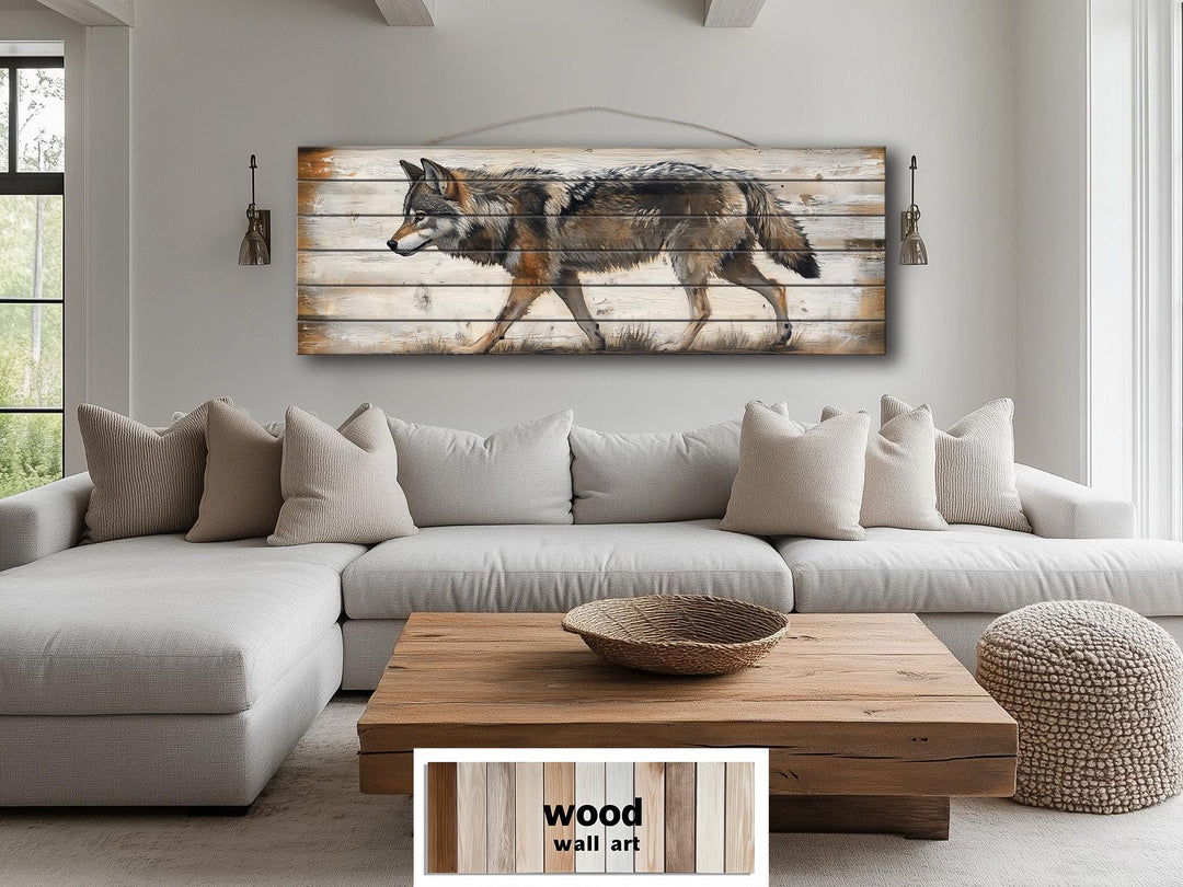 Wolf Long Horizontal Real Wood Wall Art For Cabin Decor