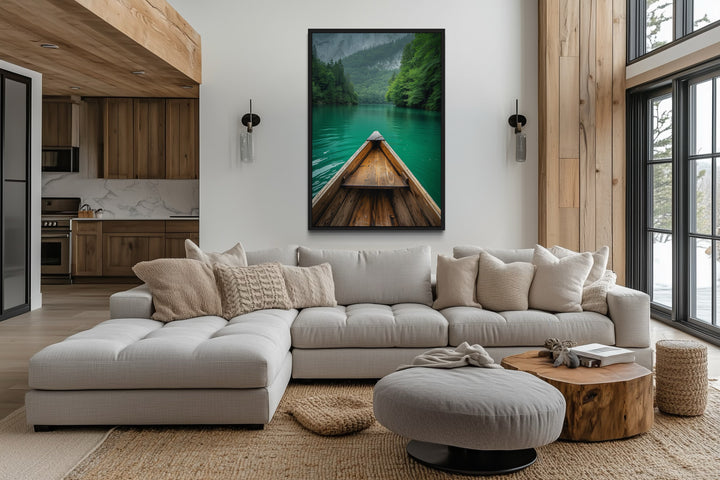 Wooden Canoe In Emerald Green Lake Vertical Framed Canvas Wall Art