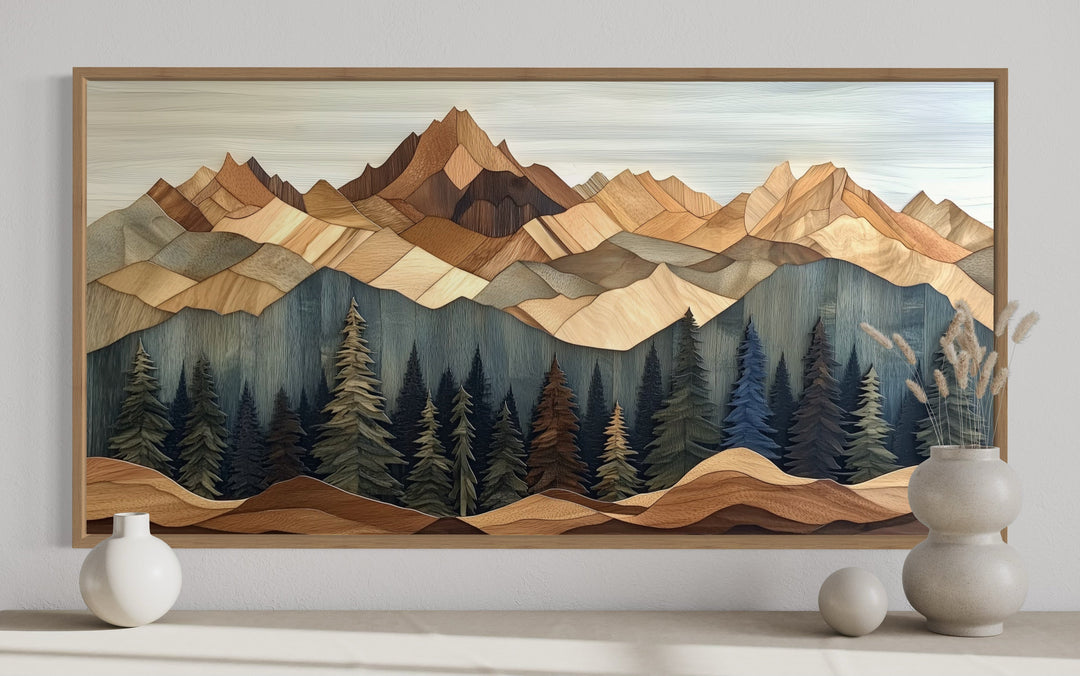 Wooden Mountain With Pine Trees Framed Canvas Wall Art For Cabin Decor