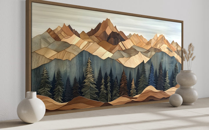 Wooden Mountain With Pine Trees Framed Canvas Wall Art For Cabin Decor