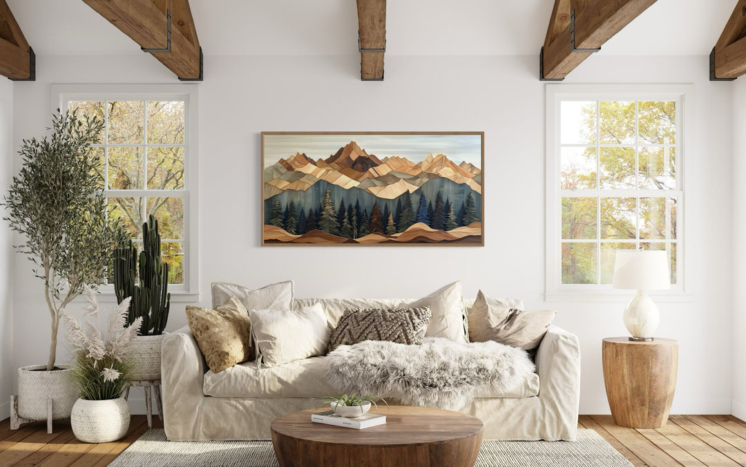 Wooden Mountain With Pine Trees Framed Canvas Wall Art For Cabin Decor