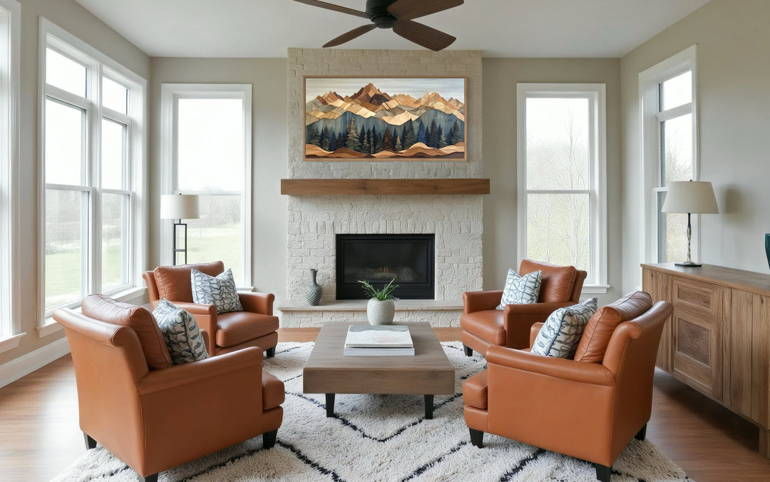 Wooden Mountain With Pine Trees Framed Canvas Wall Art For Cabin Decor