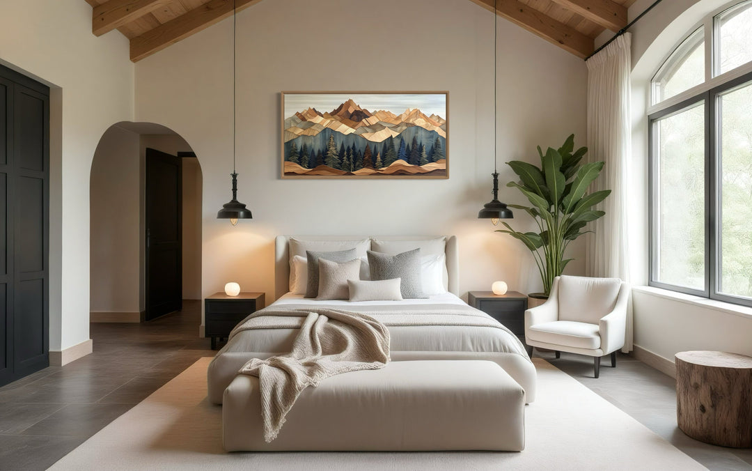 Wooden Mountain With Pine Trees Framed Canvas Wall Art For Cabin Decor