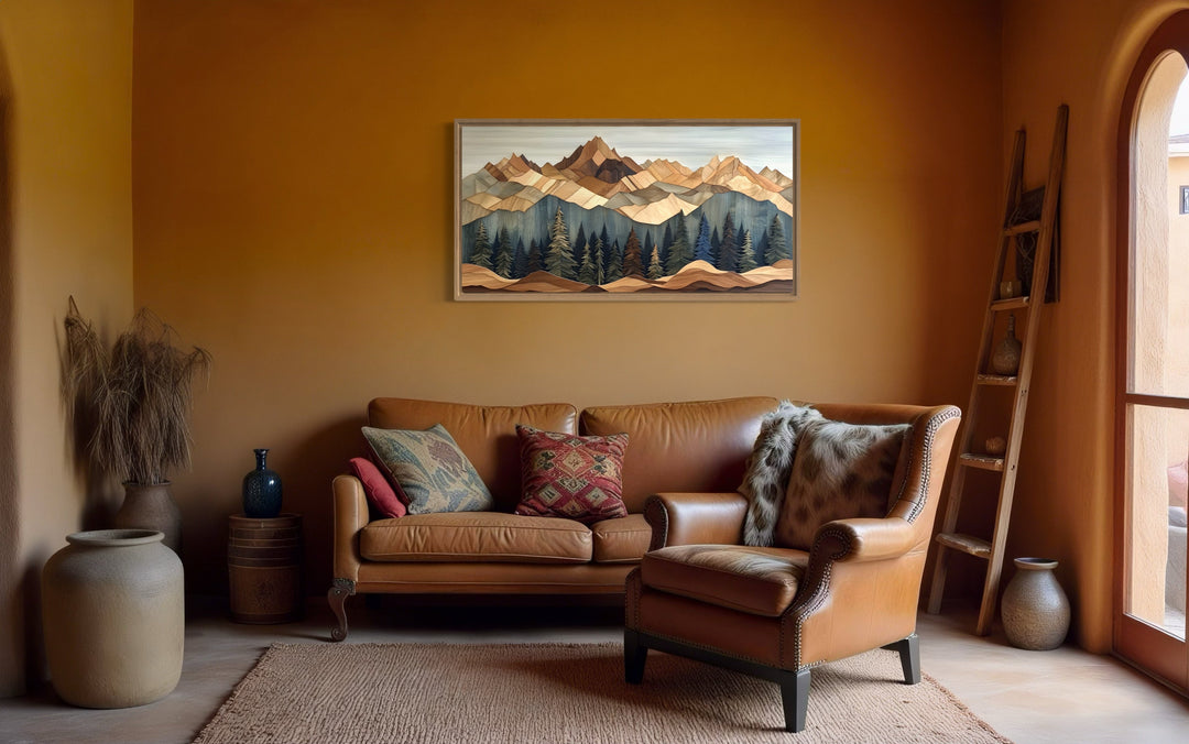 Wooden Mountain With Pine Trees Framed Canvas Wall Art For Cabin Decor