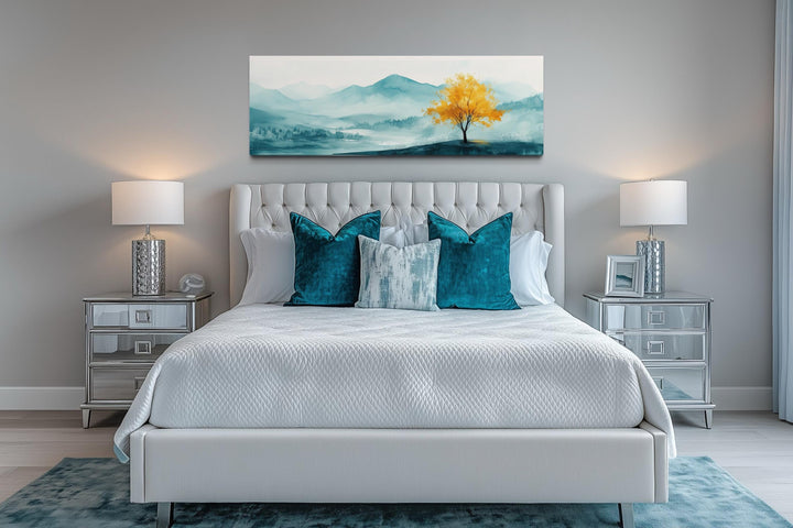 Yellow Tree On Teal Landscape Long Horizontal Above Bed Wall Art