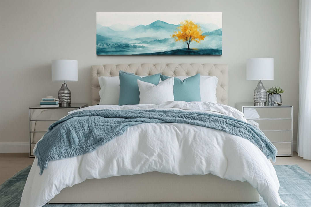 Yellow Tree On Teal Landscape Long Horizontal Above Bed Wall Art