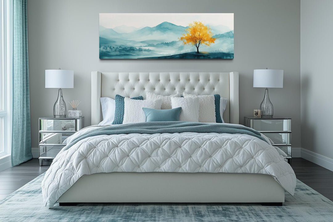 Yellow Tree On Teal Landscape Long Horizontal Above Bed Wall Art