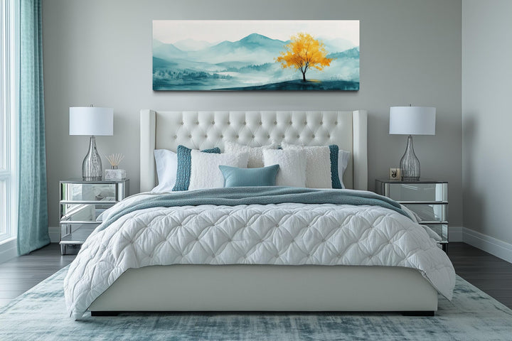 Yellow Tree On Teal Landscape Long Horizontal Above Bed Wall Art