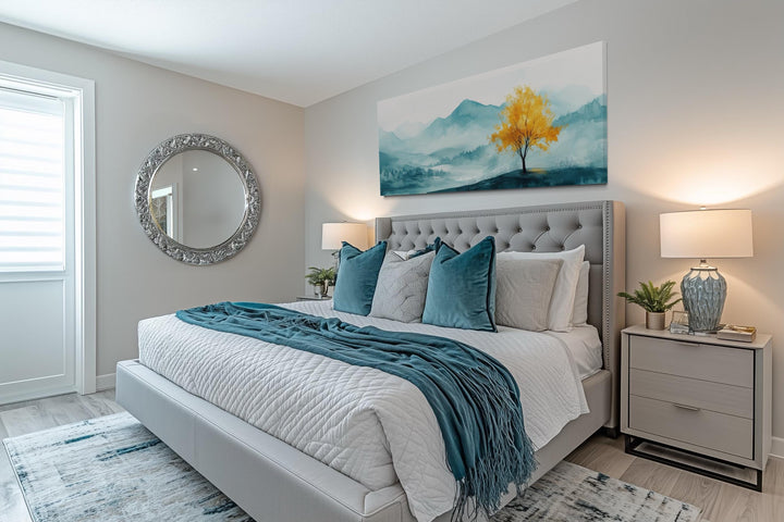 Yellow Tree On Teal Landscape Long Horizontal Above Bed Wall Art