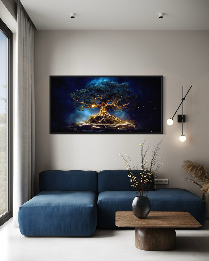 Yggdrasil Tree Of Life Navy Blue Gold Framed Canvas Wall Art