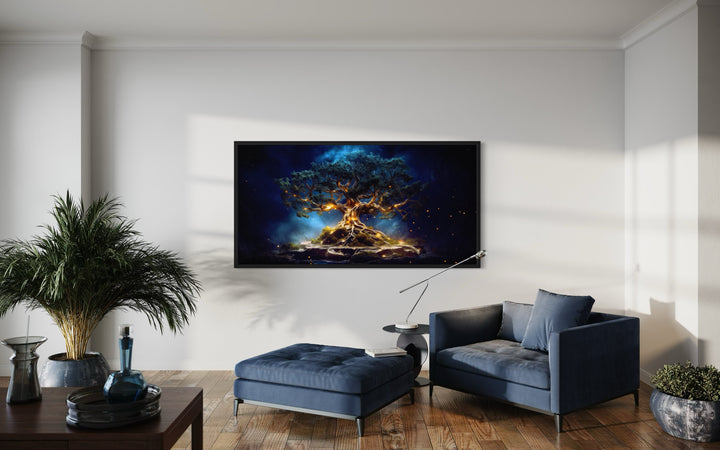 Yggdrasil Tree Of Life Navy Blue Gold Framed Canvas Wall Art