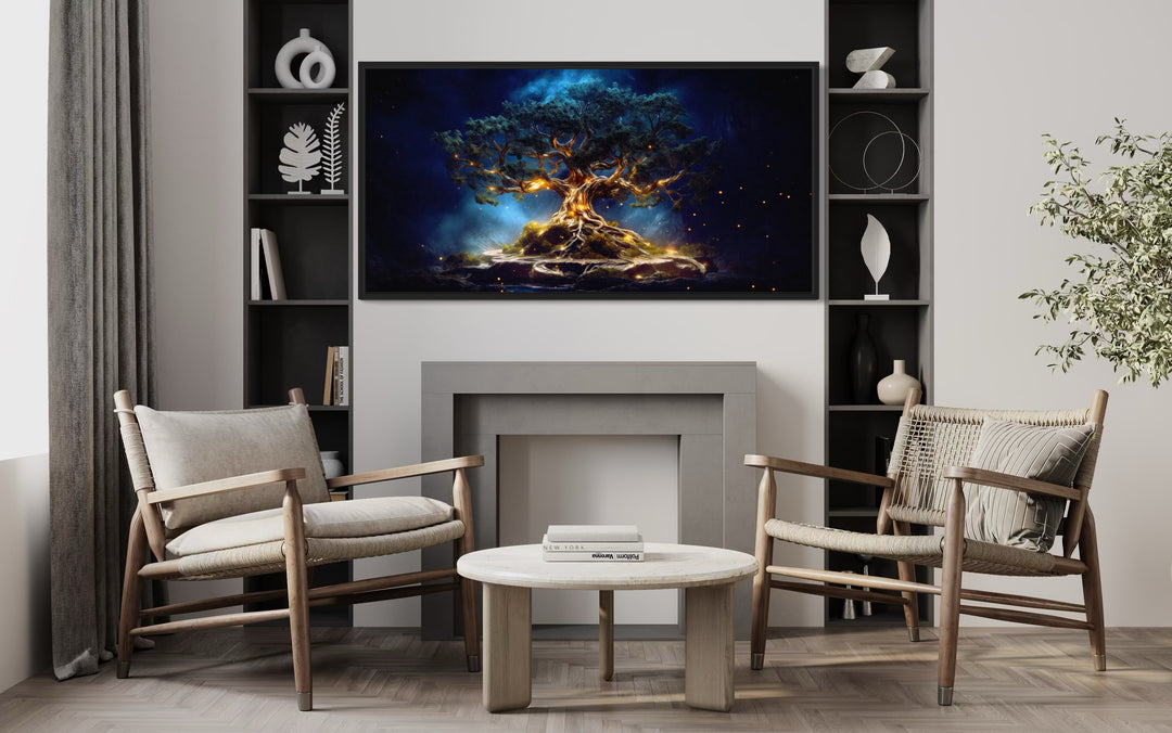 Yggdrasil Tree Of Life Navy Blue Gold Framed Canvas Wall Art