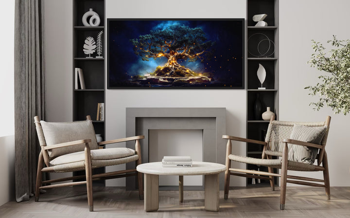 Yggdrasil Tree Of Life Navy Blue Gold Framed Canvas Wall Art