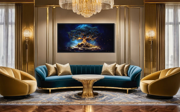 Yggdrasil Tree Of Life Navy Blue Gold Framed Canvas Wall Art