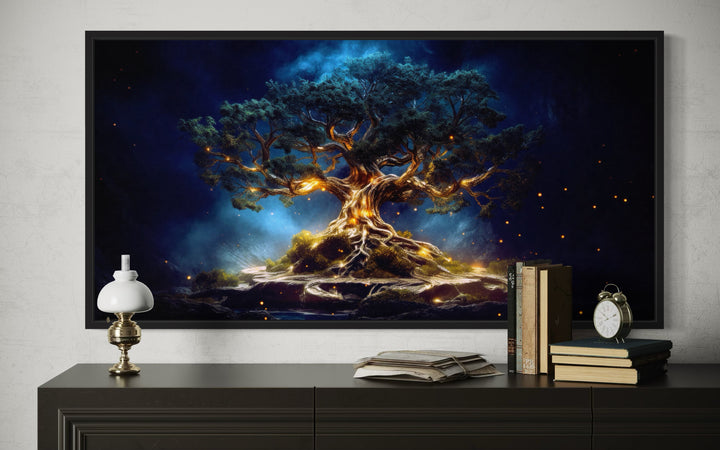 Yggdrasil Tree Of Life Navy Blue Gold Framed Canvas Wall Art