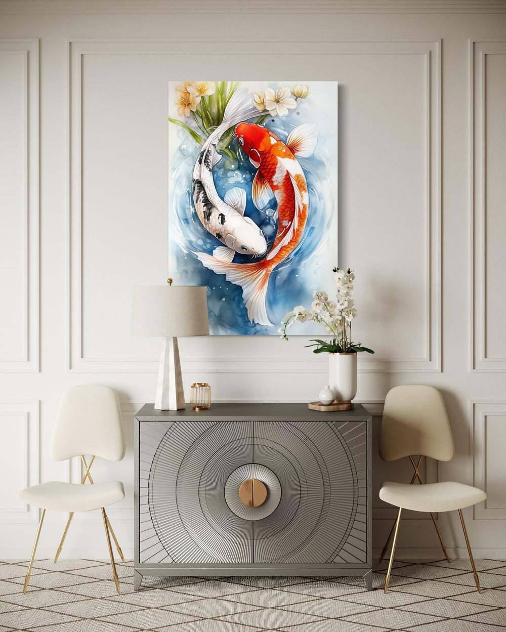Yin Yang Red and White Koi Fish Swimming in Water Wall Art