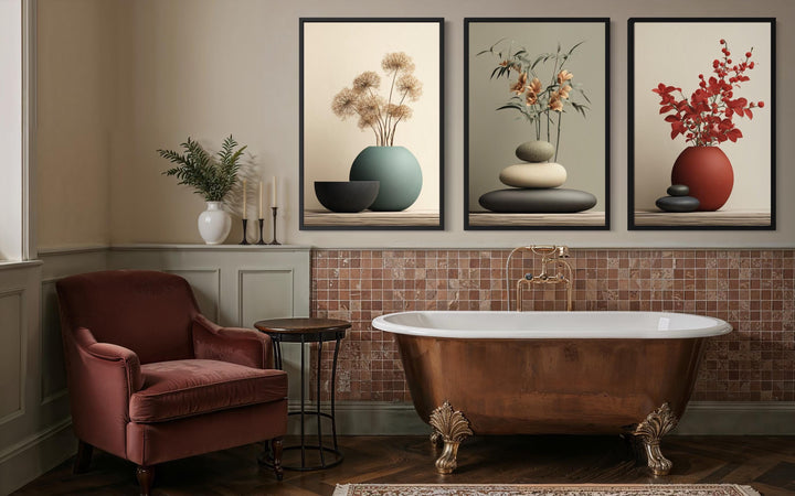 Zen Bathroom Wall Art Set of 3 – Minimalist Still Life Prints with Stacked Rocks, Vases, and Plants