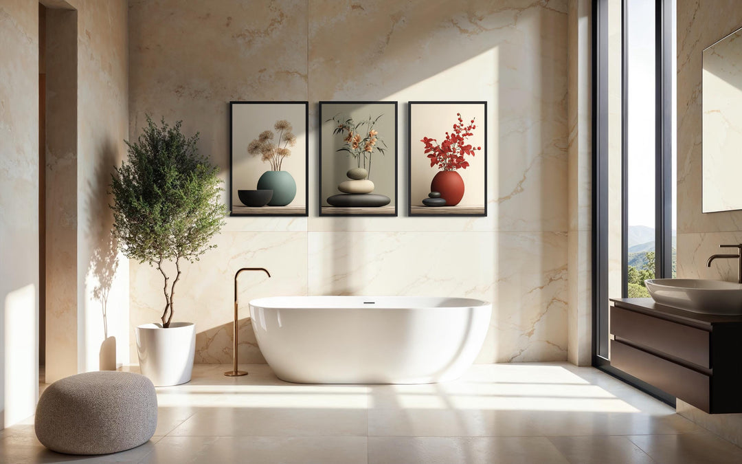 Zen Bathroom Wall Art Set of 3 – Minimalist Still Life Prints with Stacked Rocks, Vases, and Plants