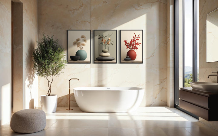 Zen Bathroom Wall Art Set of 3 – Minimalist Still Life Prints with Stacked Rocks, Vases, and Plants