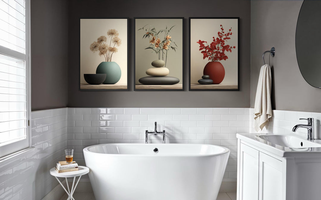 Zen Bathroom Wall Art Set of 3 – Minimalist Still Life Prints with Stacked Rocks, Vases, and Plants